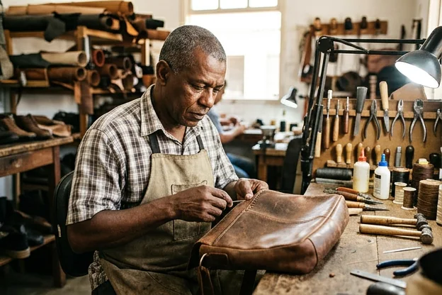 Profissional reformando uma bolsa de couro em Teixeira de Freitas.