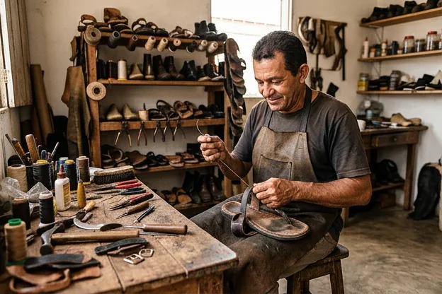 Profissional consertando uma sandália em Teixeira de Freitas.