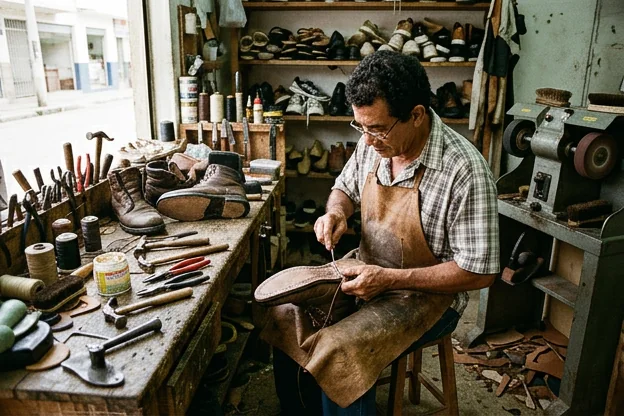 Sapateiro ensinando manutenção de calçados em Teixeira de Freitas.