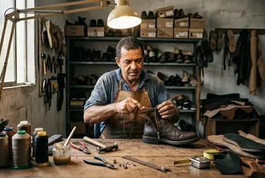 Sapateiro consertando o zíper de uma bota em Teixeira de Freitas.