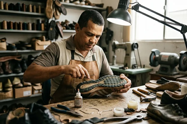 Sapateiro reparando um tênis em Teixeira de Freitas.