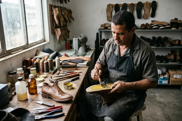 Profissional colando a sola de um sapato em Teixeira de Freitas.