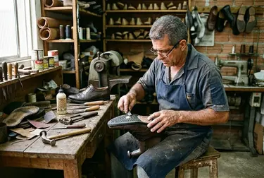 Sapateiro trabalhando na troca de solado de um sapato em Teixeira de Freitas.