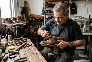 Sapateiro reformando um sapato social em Teixeira de Freitas.